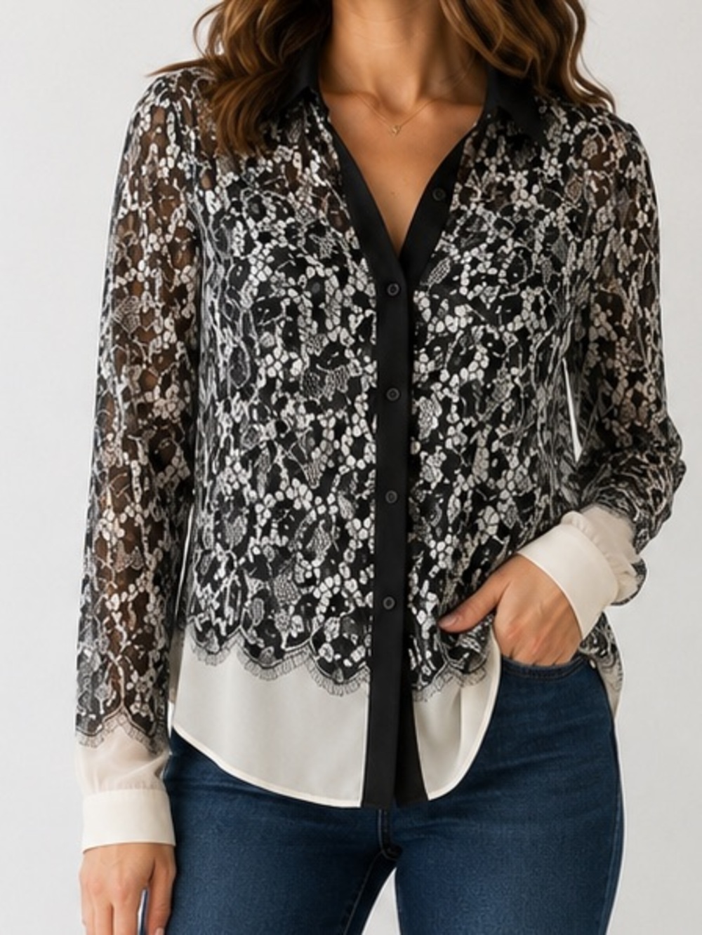 DKNY Silk Lace Print Button-Down Blouse – Size Small